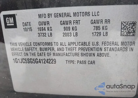 2016 Chevrolet Sonic Lt Auto from USA, damaged, VIN 1G1JC5SG5G4124229